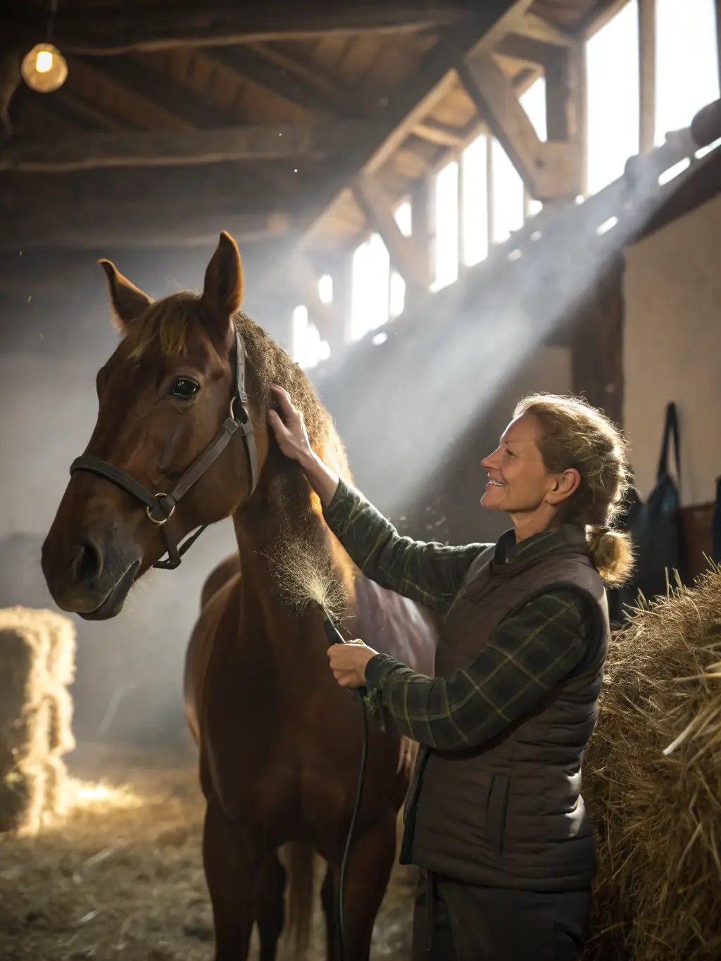 A young rider smiling confidently while grooming a horse in a stable, representing the hands-on experience and skill development offered by Legendre Eventing.