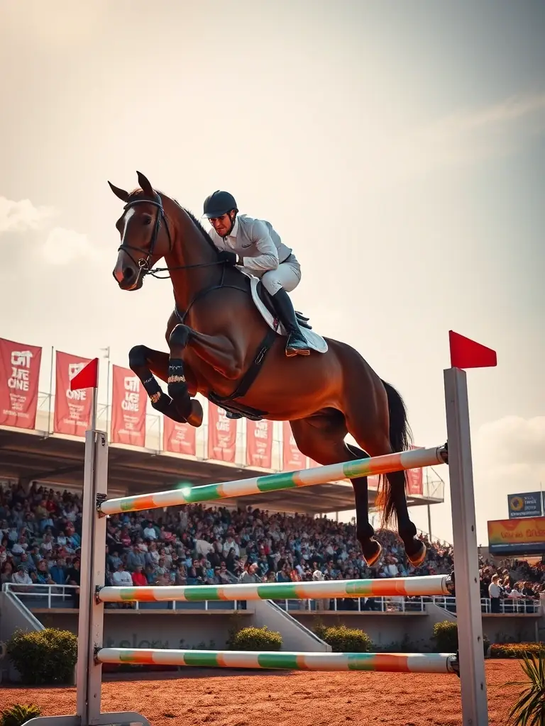 A rider clearing a jump during an event, demonstrating the opportunity for competitive participation and skill demonstration.