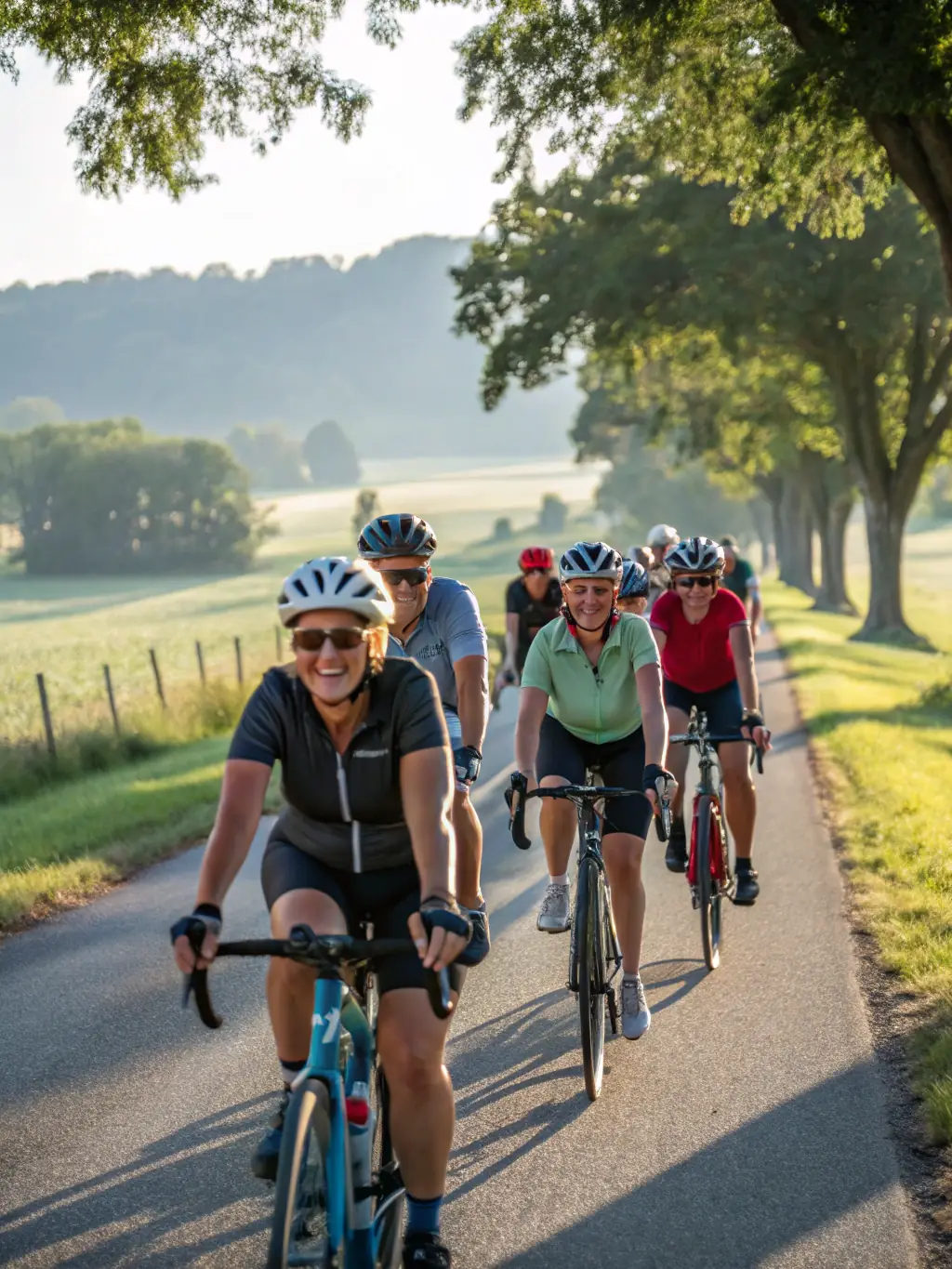 A group of riders of different ages and backgrounds laughing together after a training session, showcasing the community engagement aspect of Legendre Eventing.