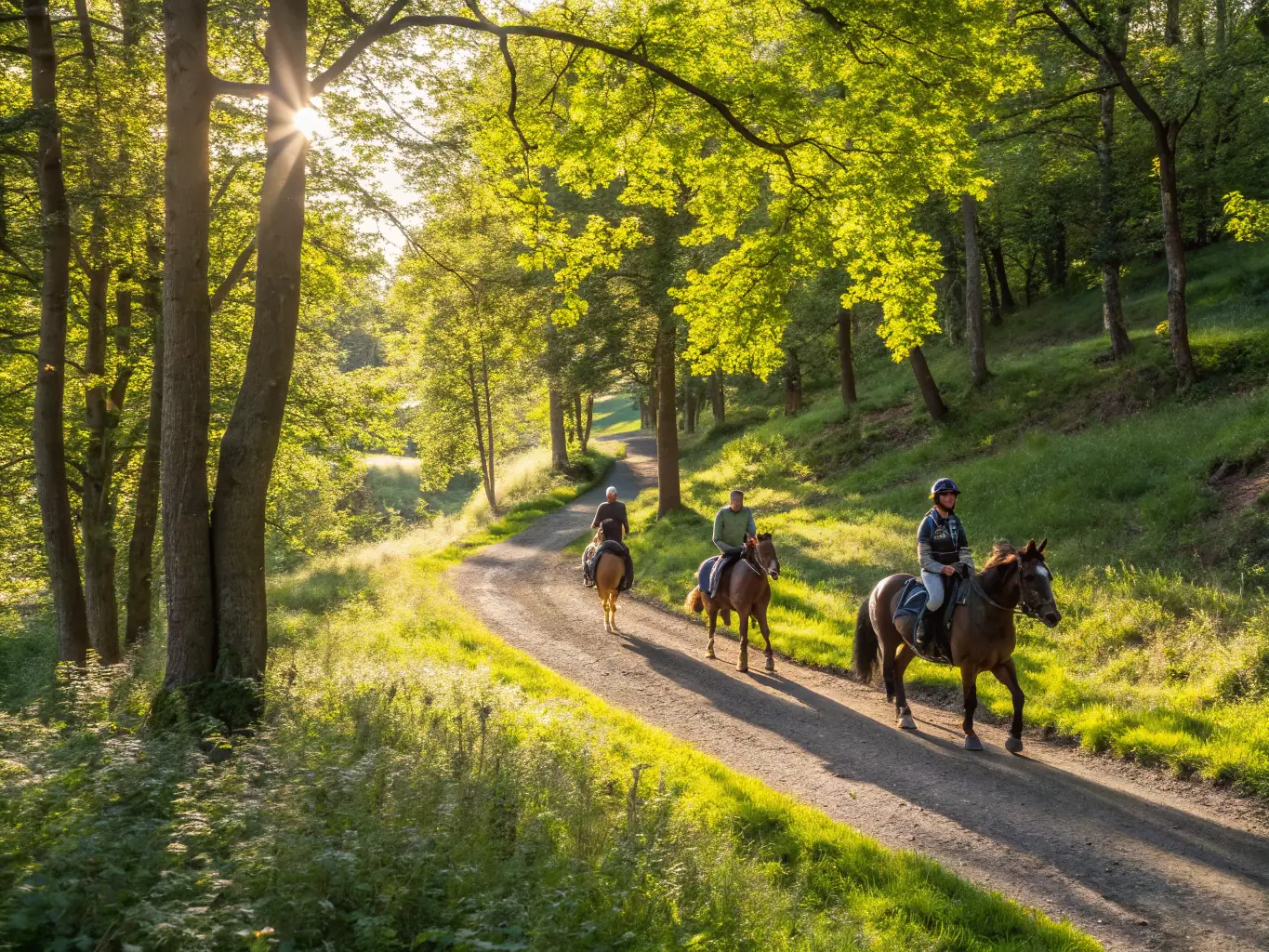 A group of riders enjoying a leisurely trail ride through scenic countryside, emphasizing the recreational and community aspects of equestrian activities.