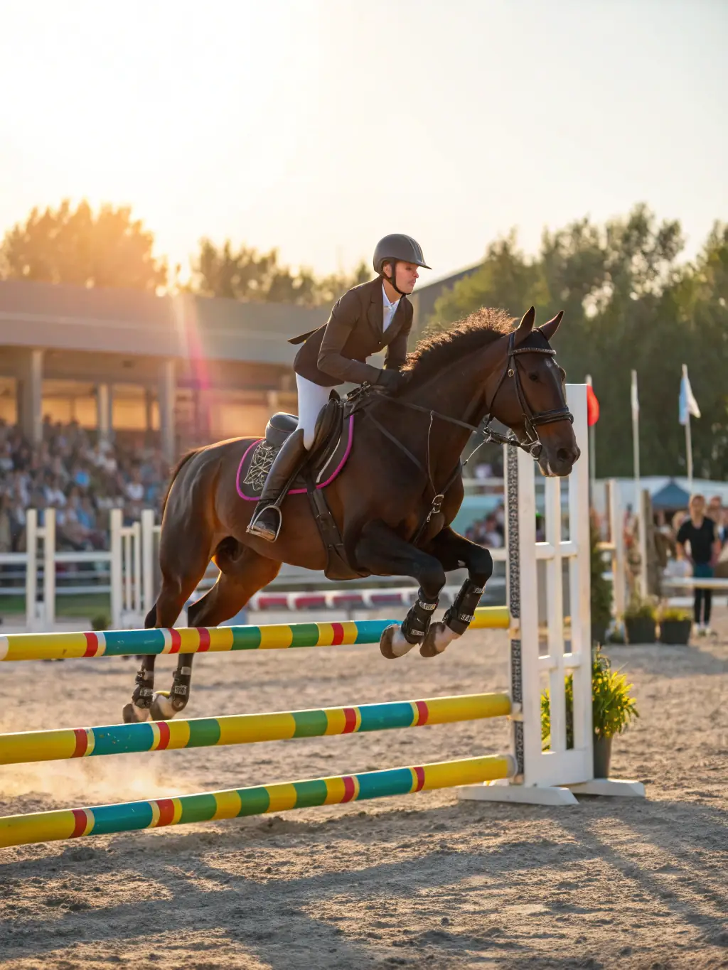 A young rider confidently clearing a jump during an equestrian training session at Legendre Eventing, showcasing skill and determination.