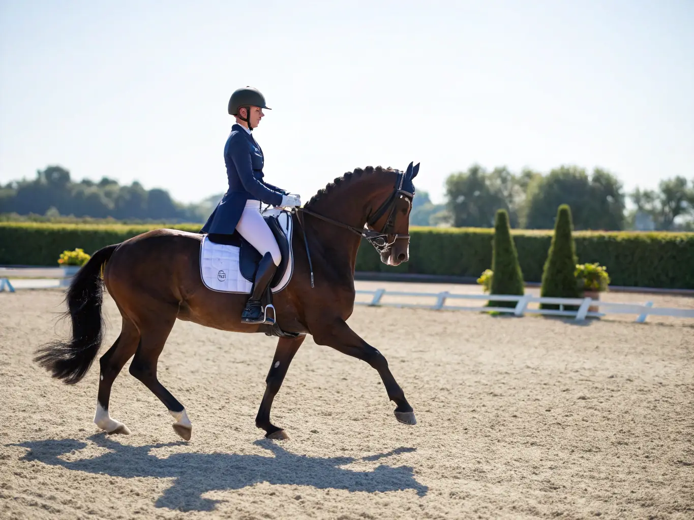 A group of riders participating in a dressage training session, focusing on precision and harmony with their horses under the guidance of an instructor.