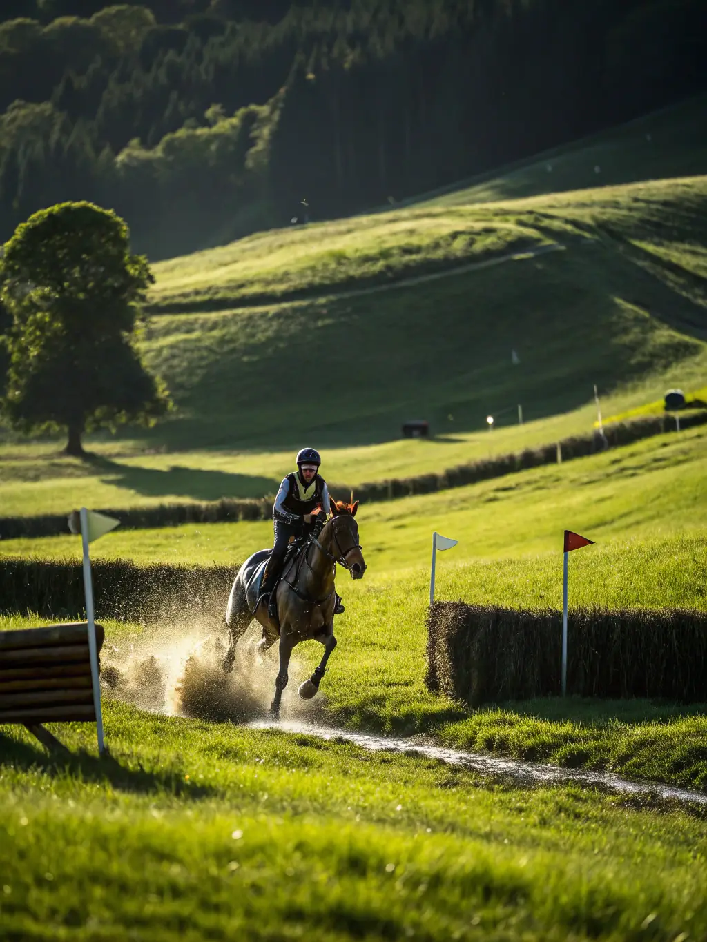 A group of riders participating in a cross-country event organized by Legendre Eventing, highlighting the excitement and challenge of the sport.