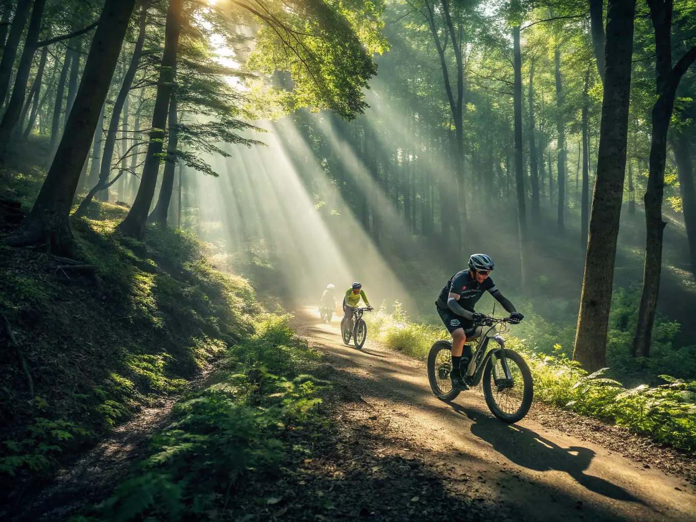A dynamic image of riders participating in a cross-country event, navigating challenging obstacles in a scenic outdoor setting.