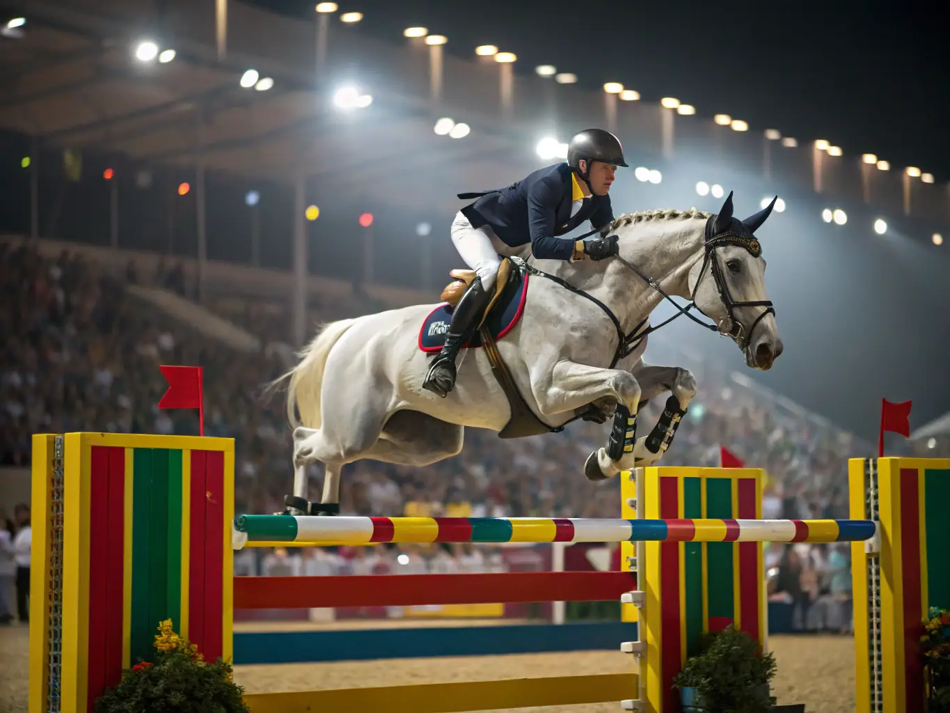 A vibrant photograph capturing the excitement of a past equestrian event, showing riders competing in a jumping course with spectators cheering in the background.