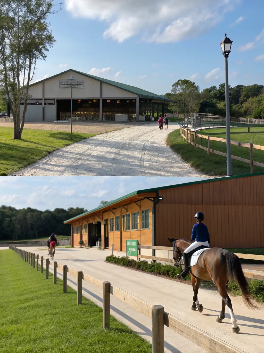 A panoramic view of a well-maintained equestrian facility with horses grazing peacefully, highlighting the access to quality resources provided by Legendre Eventing.